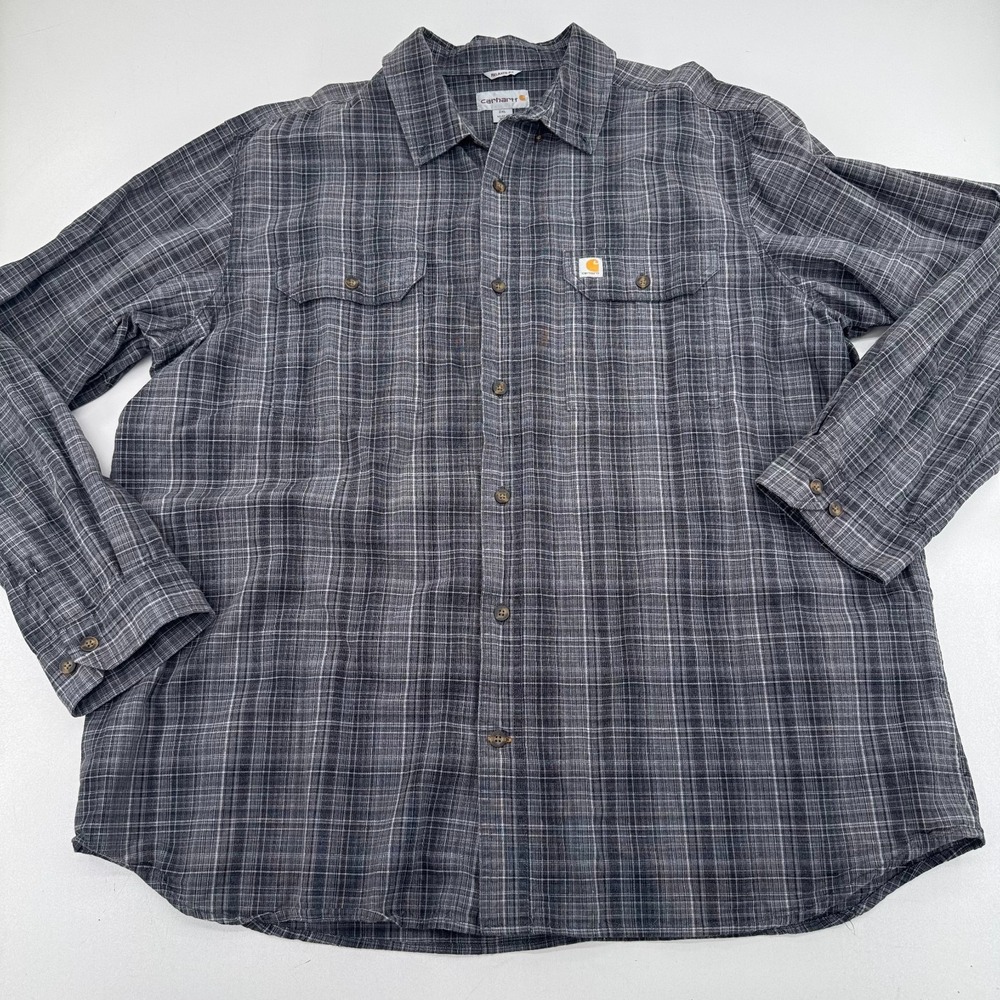 Carhartt Relaxed Fit Shirt MENS Gray Button Close Long Sleeve Pockets SIZE 2XL‎